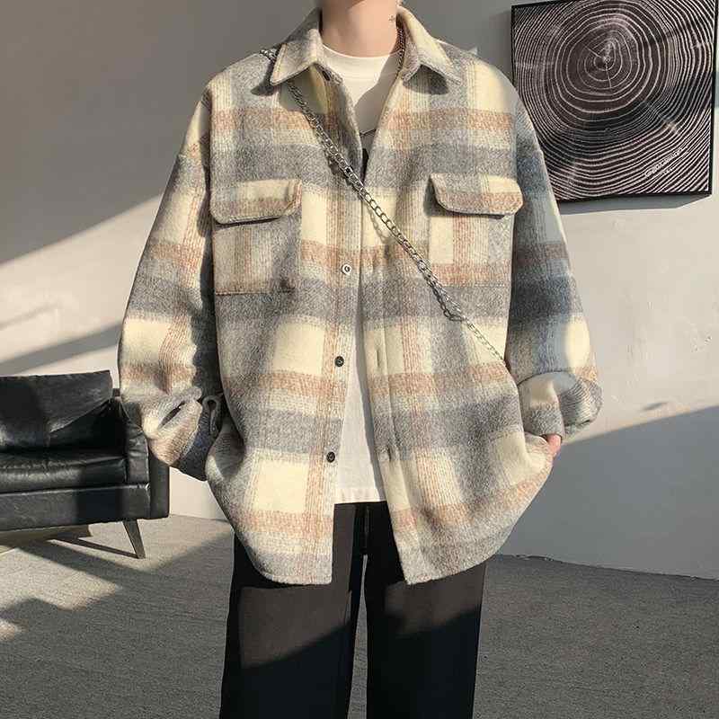 ジャケット メンズ ウール チェック柄 秋冬 ゆったり シャツ風 カジュアル ストリート アメリカンスタイル フィット トップス レイヤード