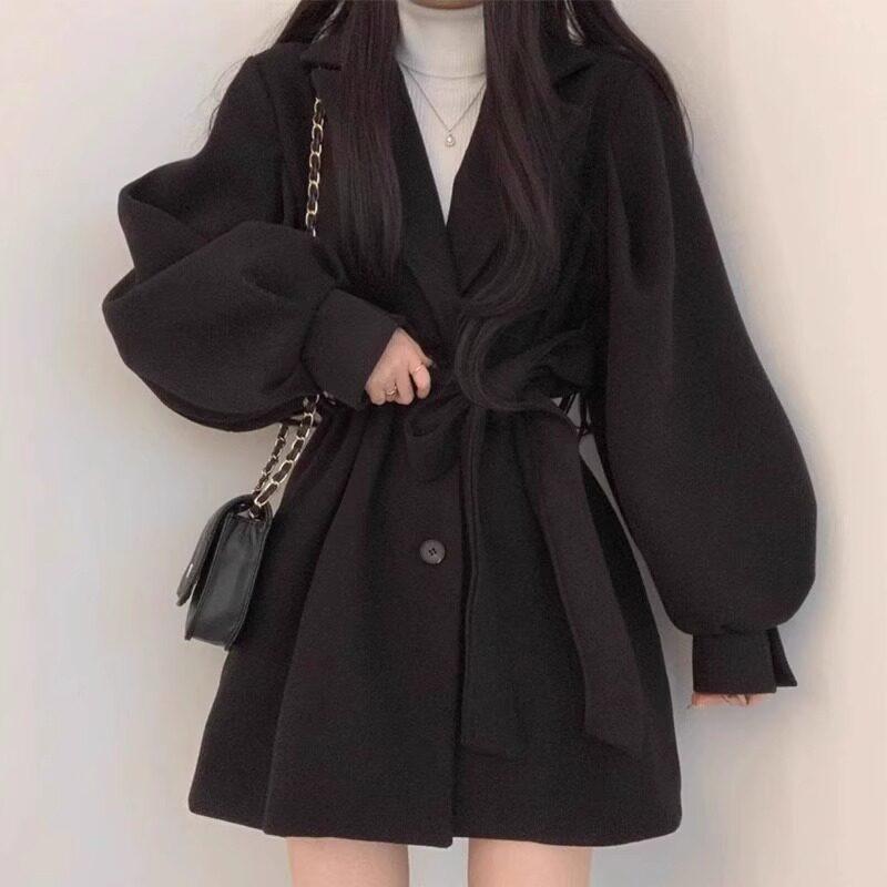 厚地の外套 レディース 黒いこと 毛織り 秋冬 朦々たる 綿入り口・入口 遊撃手丈 収腰 小っちゃい相応う 生あたたかい アウター 羊毛調 今めかしい ロングセラー