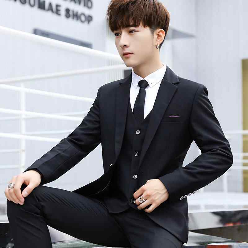 スーツ メンズ 3点セット 韓国 スリムフィット ビジネス フォーマル 学生用 カジュアル ジャケット ベスト パンツ 通勤 普段使い 軽量 伸縮性 高級感 綿混 ウール調 再生繊維 Vネック ブラック グレー ネイビー