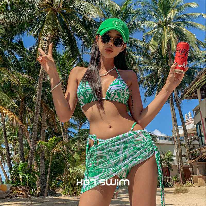 レディース ビキニ水泳着 緑 ハルターネック セパレート 3点仕かける 夏用 艶っぽい 大きめ乳ぶさ相応う 砂浜 溜まり場 御膳上等感 軽さ 伸縮性 吸湿速乾 水着-レディースファッション