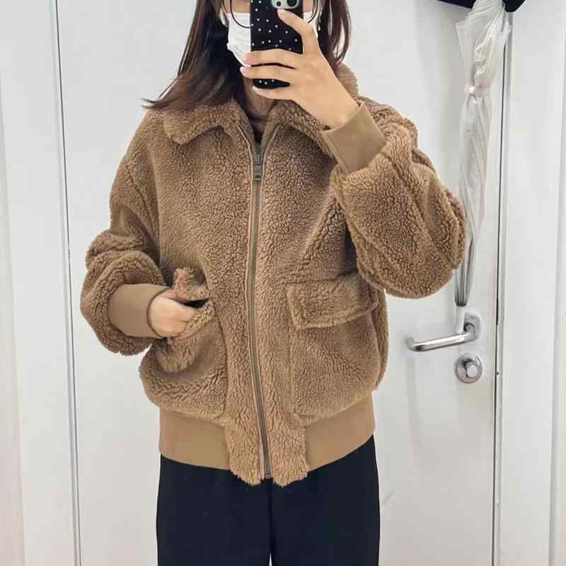 レディース 秋冬 フランネル 厚手 ジャケット カラー 大型ポケット 防寒 アウター 長毛 保温 暖か 上着 普段使い 軽量 伸縮性 コットン混 ブラック グレー ベージュ