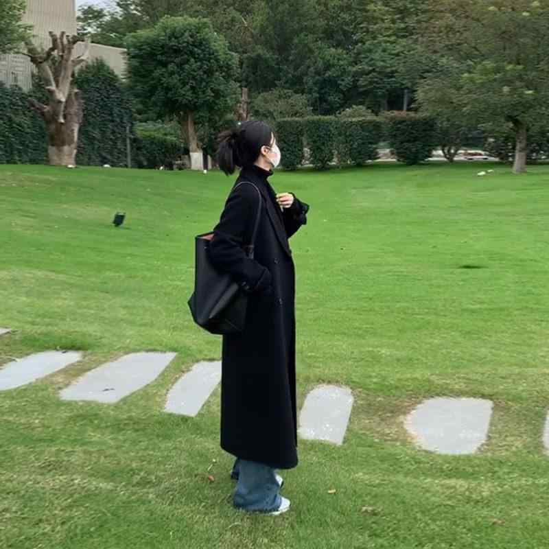 厚地の外套 レディース 秋冬 黒いこと 羊毛 中長丈 テーラード 正肩 飛び切り感 生あたたかい 好いたらしいめ 表現スタイル シングル ロング アウター