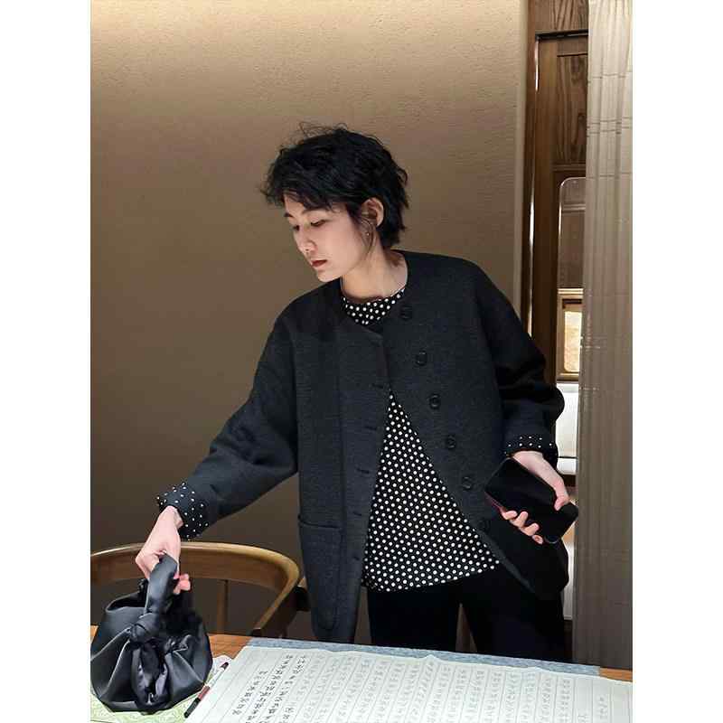 厚地の外套 レディース 薄墨色 無領 遊撃手丈 羊毛 ゆったり 雅びやか  春   早春 軽さ 情の籠もった 通い 普段使い