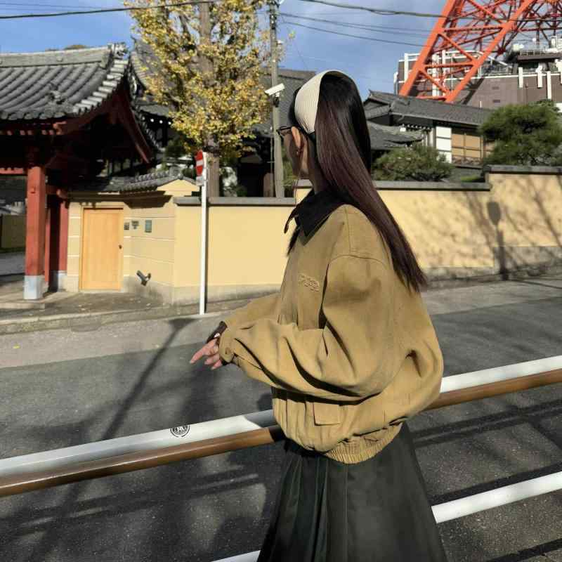 ジャケット カップル用 レトロ カーキ コントラストカラー ビンテージ風 ゆったり ショート丈 アウター 春秋 カジュアル ストリート フィット