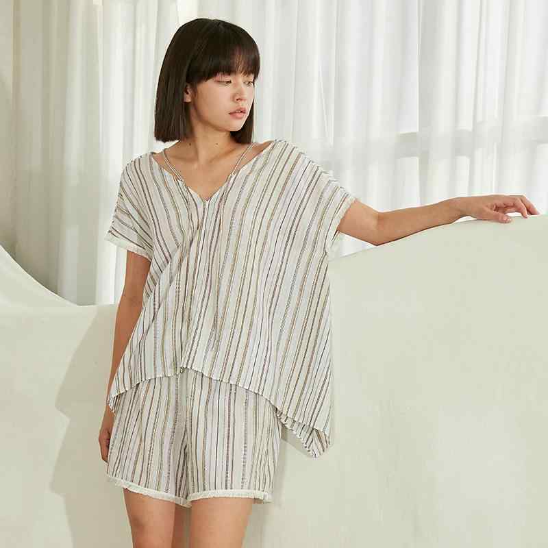レディース 春夏 Vネック ゆったり ストライプ コットン100% パジャマセット ルームウェア 部屋着 寝間着 ソフトタッチ 吸湿速乾 普段使い 快適