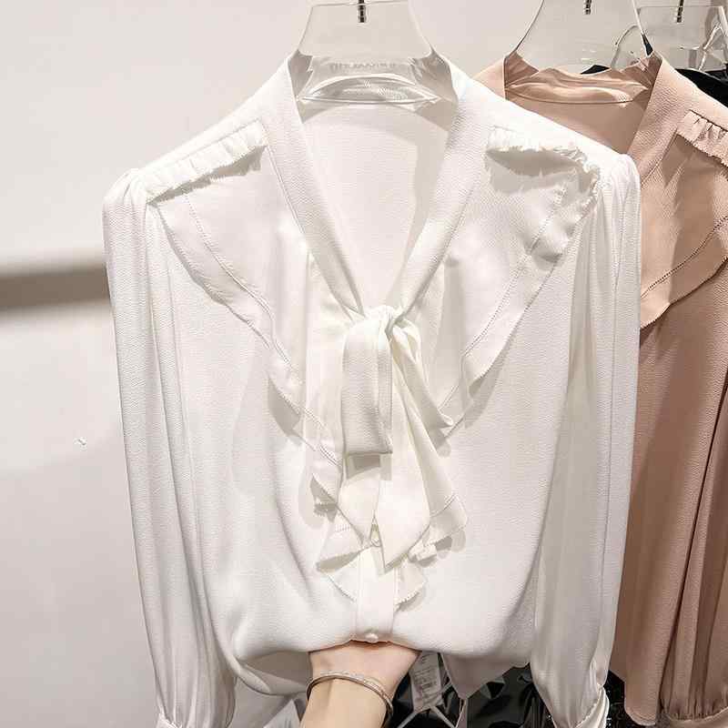 トップ レディース 秋 ゆったり Vのど首 フラウンス 紐付き シングル名取り草 無地 長袖 シフォン 軽さ 表現スタイル繰り上げる 心地よい 通い