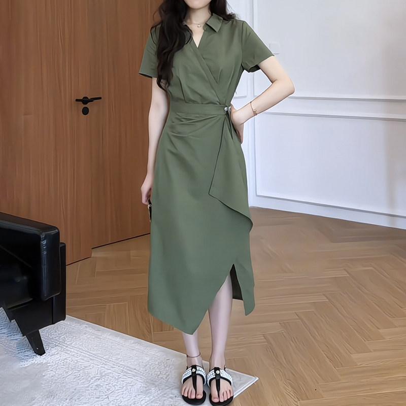 ワンピース レディース 大きいサイズ 韓国 ポロカラー アシンメトリー ウエストマーク ロングドレス 夏 上品 スタイルアップ 軽量 伸縮性 通勤 普段使い カジュアル