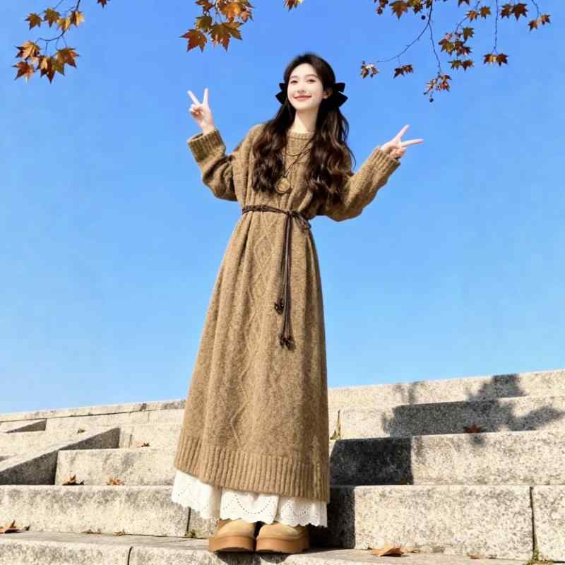 レディース ニット ワンピース ゆったり リラックス ウエスト シェイプ ロング 厚手 暖か 秋冬 スタイリッシュ 柔らかい 素材 日常使い ソフト シルエット 7,006円