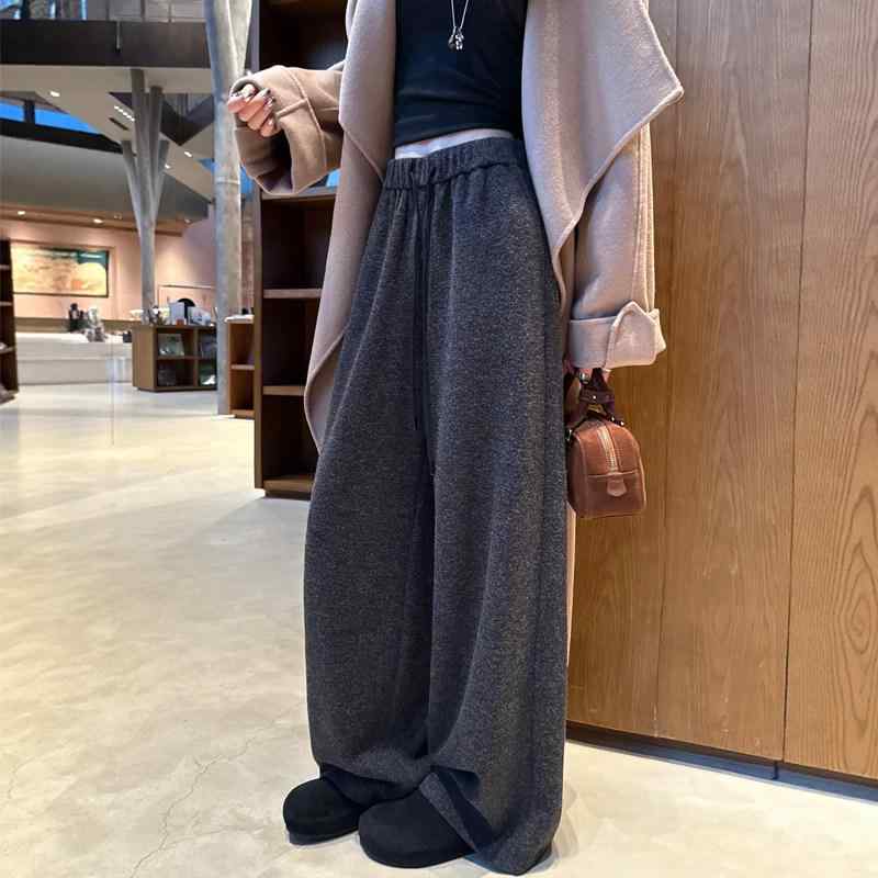 パンツ 女性用 グレー ウール ワイドレッグ 厚手 裏地付き ストレート カジュアル 秋冬 リラックス 柔らかい 普段使い 暖か素材 ゆったりシルエット