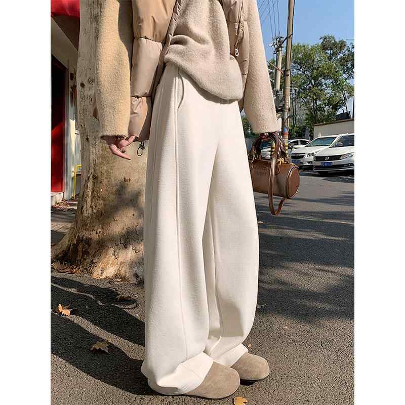 レディース 秋冬 白 ワイドレッグパンツ 柔らか素材 ふわふわ毛フェルト 厚手 ハイウエスト ドレープ 暖か 伸縮性 普段使い 11,742円