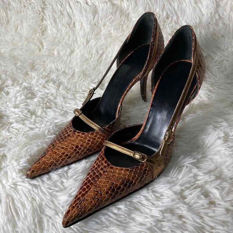 レディース ポインテッドトゥ 細ヒール パイソン柄 ハイヒールサンダル ベルトバックル レトロ 夏用 スタイリッシュ ファッション