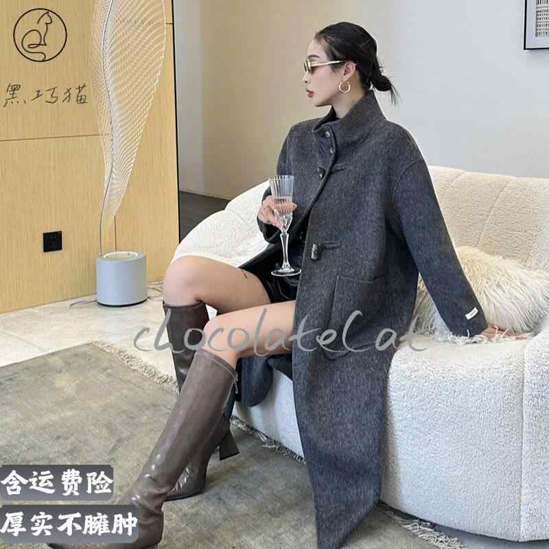 厚地の外套 レディース 薄墨色 ダブル人間の顔  牛角名取り草 真っただ中ロング 照明ランプ色つや 保温性 羊毛 秋冬 御前上等感 情の籠もった アウター ホンブルグ帽原料品