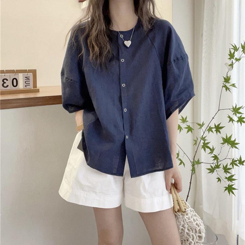 レディース ブラウス ネイビー シフォン 半袖 夏用 ゆったり 大きめサイズ お腹カバー スリム見え フレンチスタイル 軽量 涼しい トップス 普段使い