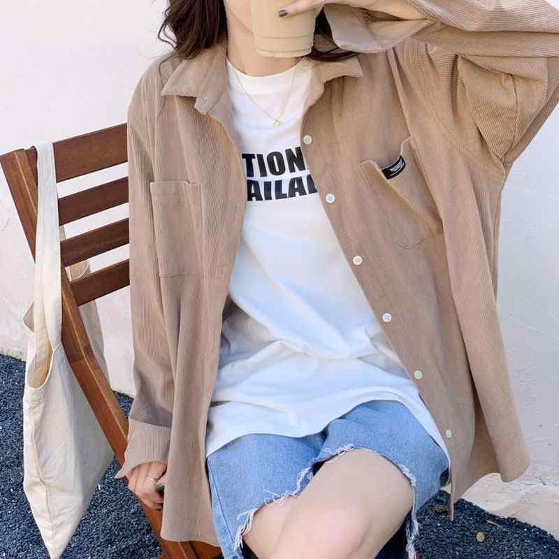 レディース シャツジャケット レトロ カーキ ゆったり シルエット 長袖 コーデュロイ ブラウン 高級感 カジュアル 秋冬 普段使い