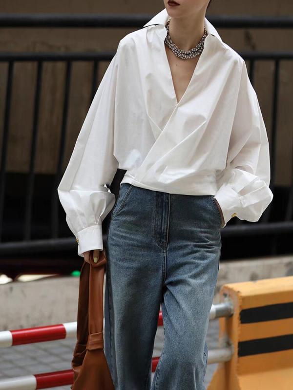 レディース 春 ショート丈 綿 Vネック シャツ ゆったり シルエット 高級感 カジュアル 日常使い トップス 細見え スタイリッシュ