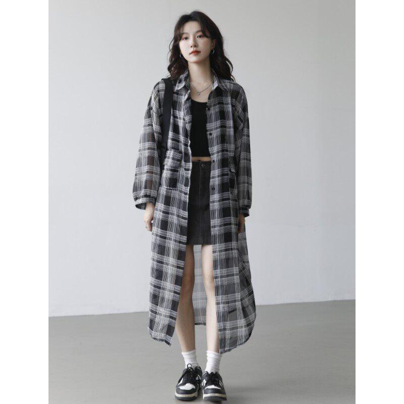 レディース UVカット チェック柄 シフォン シャツ アウター 夏 レトロ ゆったり 膝下 ロング丈 薄手 軽量 通勤 普段使い
