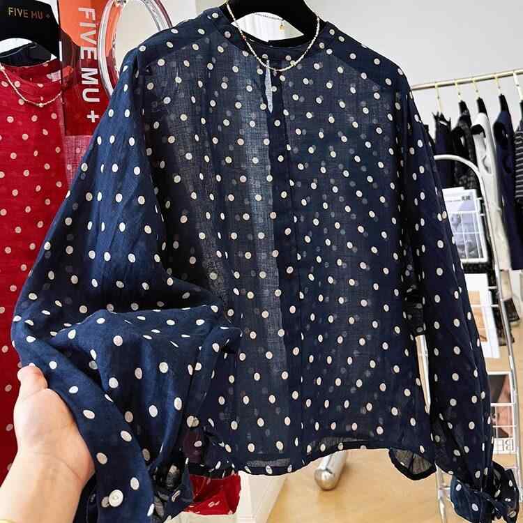 シャツ レディース 夏 薄手 高級感 麻 ポルカドット コウモリ袖 長袖 丸首 上品 ブラウス 通気性 軽量 普段使い トップス｜ホープ