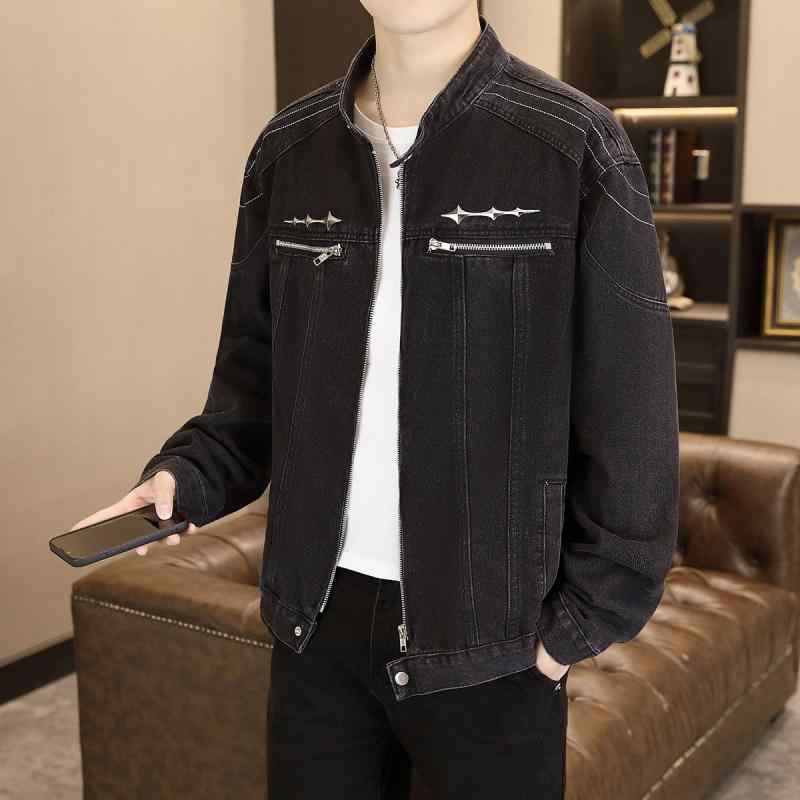 メンズ デニム ジャケット レトロ アメリカン スタンドカラー ジッパー 春秋 高級感 クール ストリート 軽量 伸縮性