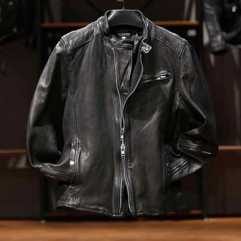 メンズ レザージャケット スリムフィット 羊革 プリーツ加工 レーシングスタイル 斜めジッパー トップグレーン ナチュラル染色 軽量 普段使い