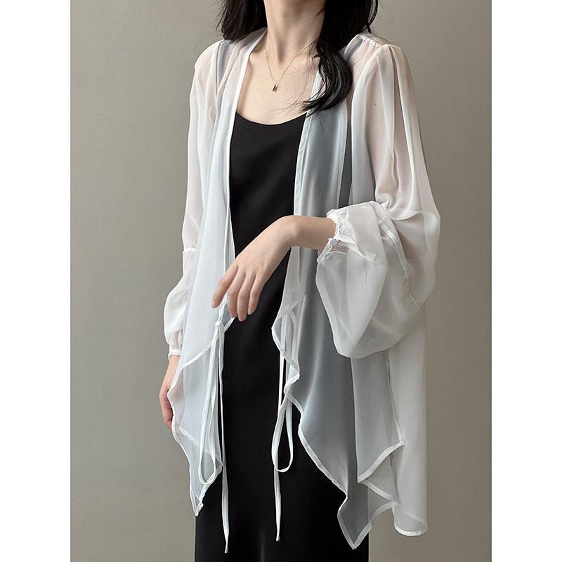 レディース カーディガン 夏 UVカット シフォン 中華風 透け感 ノーカラー 薄手 軽量 日焼け防止 アウター トップス シャツ