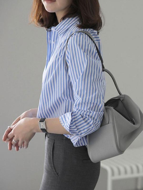 シャツ レディース 春 ブルー ストライプ フレンチスタイル カジュアル ゆったり レトロ 長袖 オフィス 通勤 トップス ブラウス
