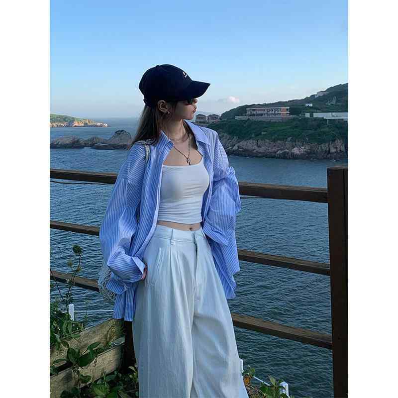 レディース 春 ポロカラー シャツ アウター ブルー ゆったり フィット ビッグシルエット レトロ ビンテージ風 高級感 カジュアル 普段使い 通勤 軽量 快適