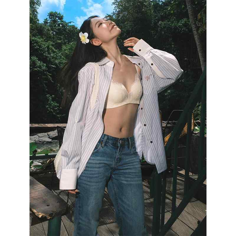 レディース 夏用 UVカット ストライプ シャツ ブラウス ブルー 切り替え 薄手 ゆったり シルエット カジュアル トップス 普段使い アウトドア