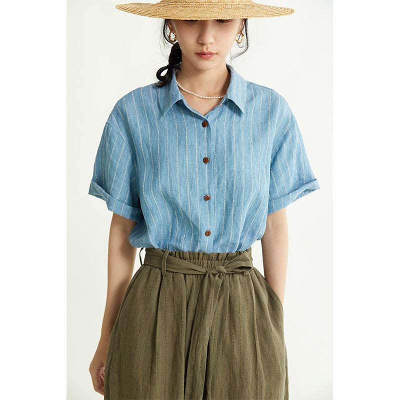 トップス レディース 短袖 リネン 100% ブルー ストライプ ゆったり 夏用 カジュアル 普段使い 通気性 吸湿速乾 軽量 素材