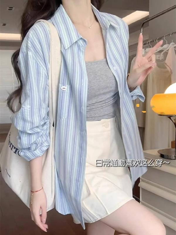 レディース 夏 UVカット 長袖 ストライプ シャツ 薄手 ブルー カーディガン 高級感 軽量 トップス ブラウス