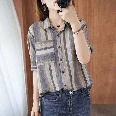 夏 レディース 綿麻 短袖 縞模様 プルオーバー 御前上等感 麻 原料品 トップス 吸湿速乾 軽さ 冷やりとした 普段使い