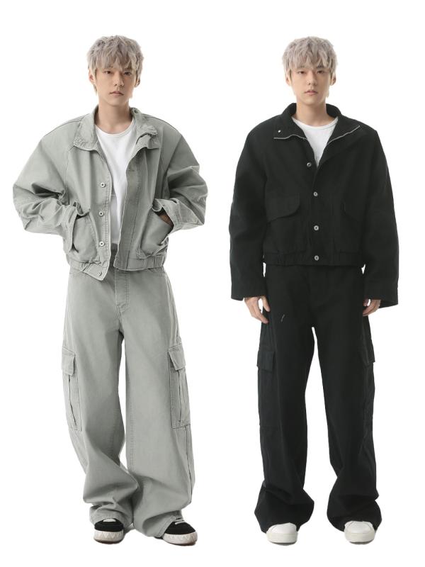 メンズ デニム ジャケット ワイドパンツ セット ストリート スタイル カーゴ ポケット コットン 混 生地 カジュアル 普段使い アウトドア 適合 軽量 伸縮性 素材 ブルー 系 トーン ビッグ シルエット