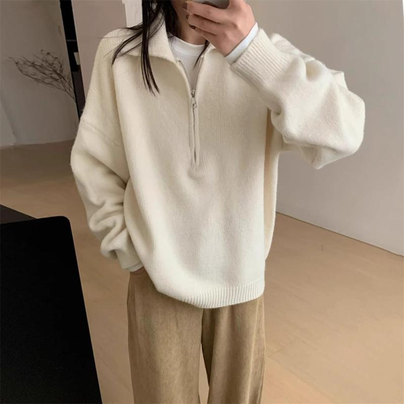 レディース 秋冬 韓国風 レトロ ポロ襟 ハーフジップ プルオーバー ニットセーター ゆったり スリム効果 普段使い コーディネート トップス セーター ニット 上衣(x2)