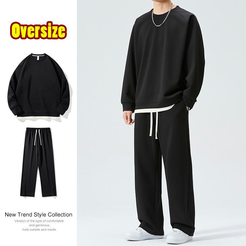メンズ 春秋 カジュアル スポーツセット ゆったり ラウンドネック スウェット ストレートパンツ 無地 普段使い コーディネート トップス ロングパンツ