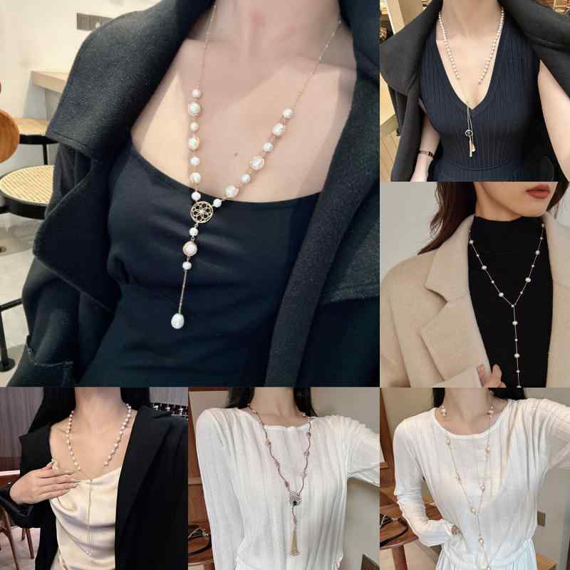 ネックレス 女性用 淡水パール ロングチェーン 冬用 レトロ 高級感 星型モチーフ アクセサリー ジュエリー 首飾り 装飾品