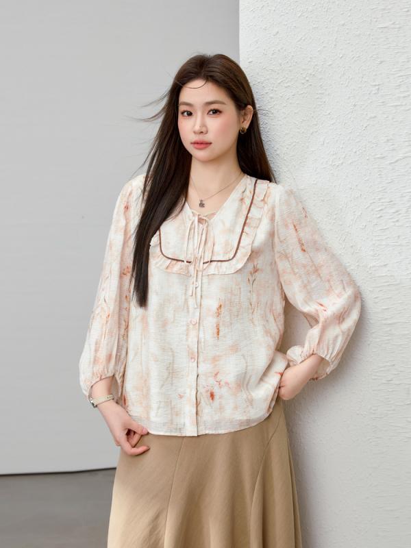 Vネック 花柄プリント ブラウス レディース 春夏 ビッグサイズ エレガント ゆったり トップス 肌触り 質感 軽やか シルエット