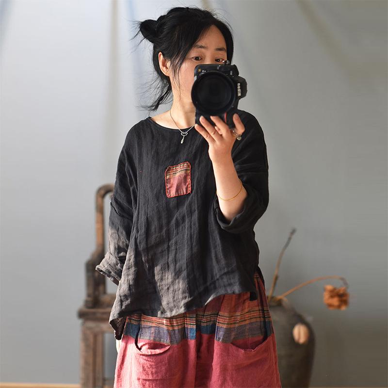 レディース リネン プルオーバー 春夏 九分袖 ゆったり 継ぎ切れ 繰り返し名取り草 相応う トップス トップ 心地好い 日常使い走り 軽さ 通気性 吸湿速乾