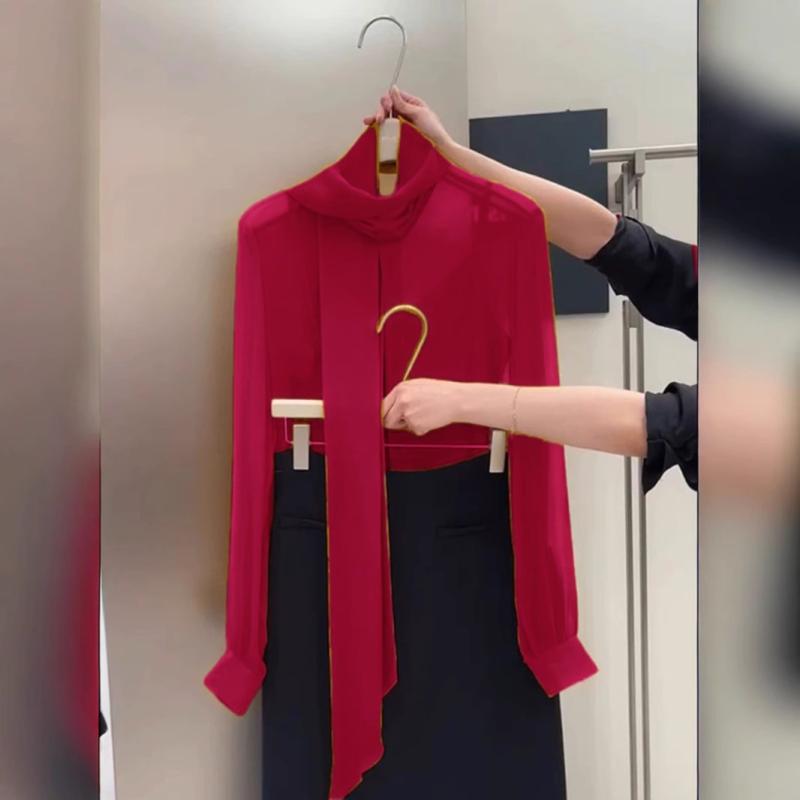 レディース ブラウス フレンチスタイル 通勤用 リボン 長袖 シフォン トップス キャミソール セット 秋 上品 スリム 軽やか 吸湿速乾 伸縮性