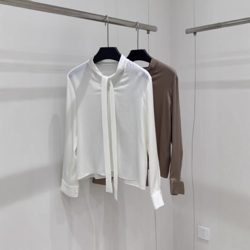 シャツ レディース 春夏 Vネック リボン 襟 プルオーバー シルク 軽量 滑らか 上品 洗練 通勤 普段使い トップス 柔らかい 素材 ゆったり シルエット|ホープ