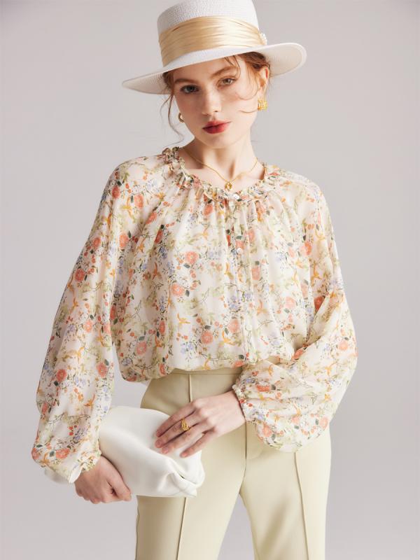 シャツ レディース 春夏 長袖 UVカット シルク プルオーバー 小花柄 シフォン 2点セット 軽量 通気性 涼しい 女性トップス ブラウス 普段使い