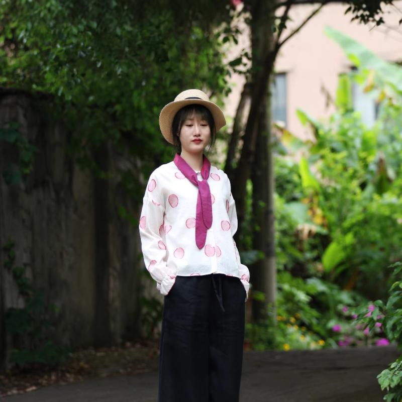 シャツ レディース レトロ 学院風 赤 水玉 花柄 切り抜き フレアスリーブ 綿麻 コットンリネン トップス ブラウス カジュアル 日常使い ビンテージ 軽やか スタイリッシュ