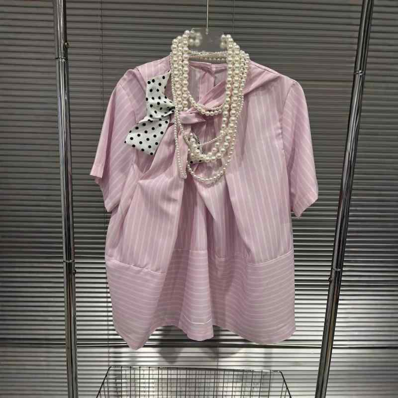 レディース シャツ 春夏 ピンク ストライプ 切り替え ポルカドット リボン ショートスリーブ プリースタイル 甘め トップス ブラウス カジュアル かわいい