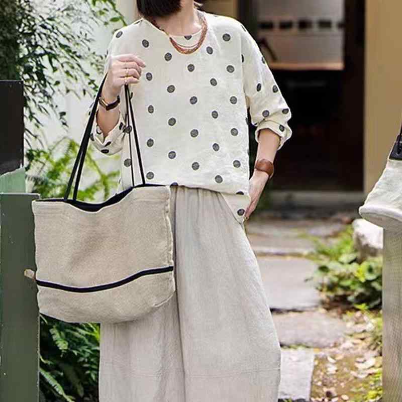 秋冬 リネン ポルカドット ブラウス 女性用 ラウンドネック 軽量 通気性 スリムフィット ジャカード織 刺繍柄 トップス 普段使い コーディネートしやすい 麻素材 色織り 透け感 細身シルエット
