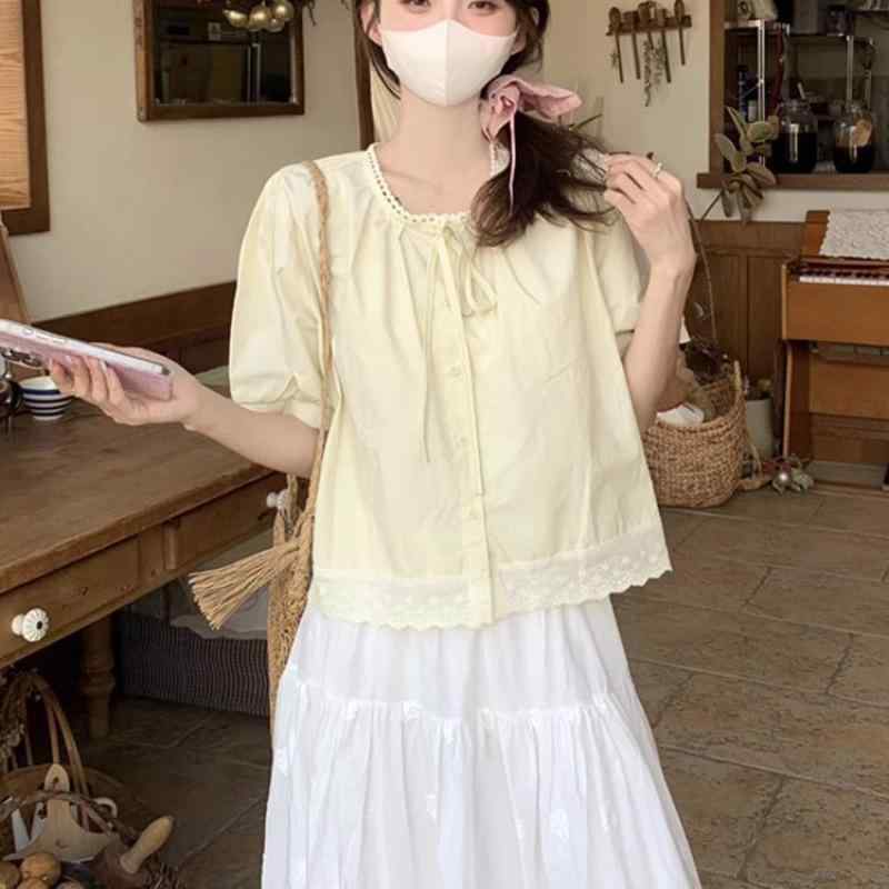シャツ レディース 韓国 爽やか 切り替え フリル リボン紐 夏用 体型カバー スリム ファッション トップス カジュアル 普段使い