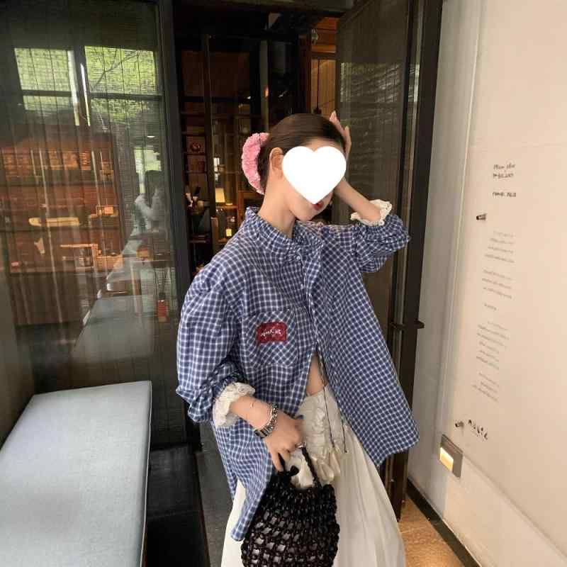 レディース シャツ レトロ 学院風 青白 チェック柄 レース 切り替え ステッチ ドローコード スタンドカラー UVカット 長袖 カジュアル トップス 通勤 普段使い 軽量 吸湿速乾 春夏