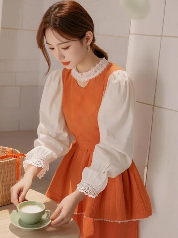 ブラウス 春 レディース 宮廷風 オレンジ レース フリル かわいい ユニーク クラシカル スタイル 女性用 トップス 軽やか 素材 デイリー コーデ