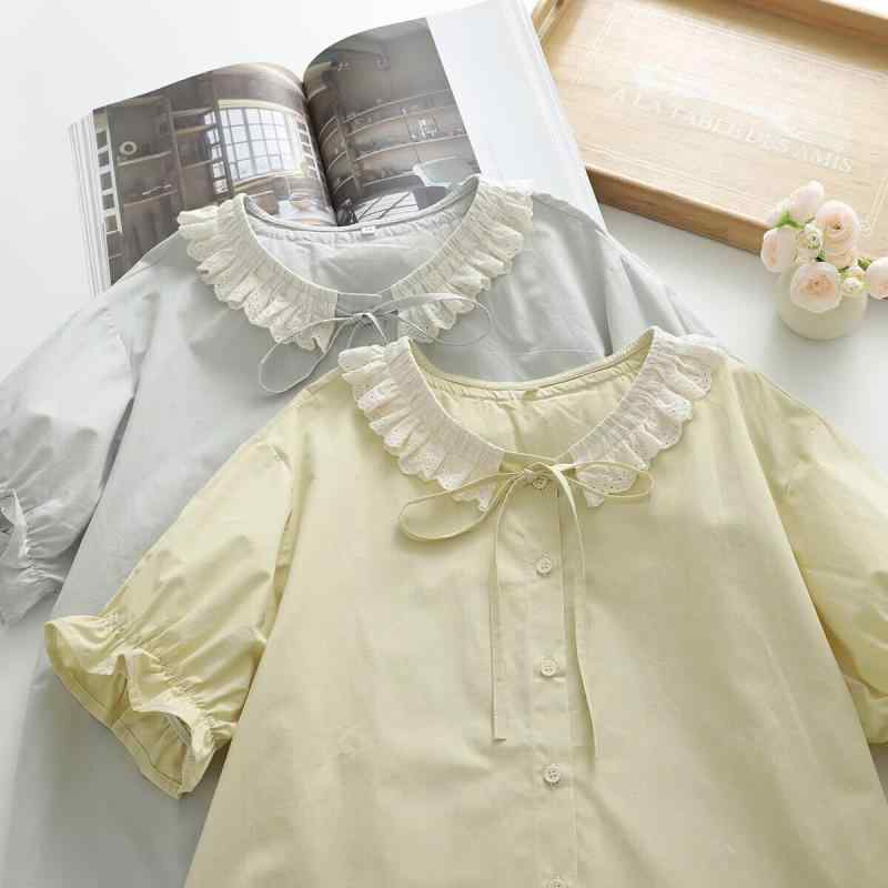 ブラウス レディース 夏 レース フリル 襟 パフスリーブ ドローストリング ショートスリーブ フレンチスタイル 小柄 コットン 100% 学生 トップス 軽やか 通学 普段使い 柔らかい 素材 吸湿性