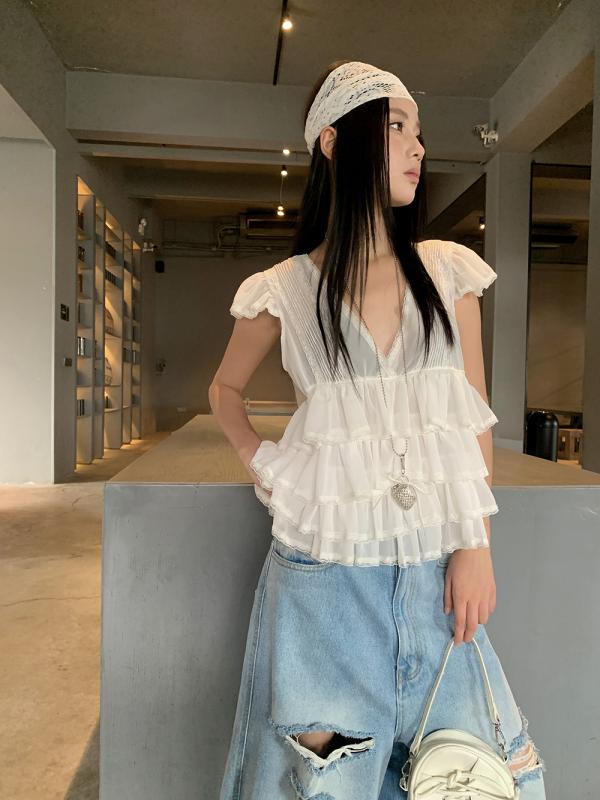 ブラウス レディース フレンチスタイル 深Vネック レイヤード レース 夏用 フェミニン トップス 軽やか 女性らしい セクシー シルエット 伸縮性 吸湿速乾 接触冷感 ピンク系 アイボリー