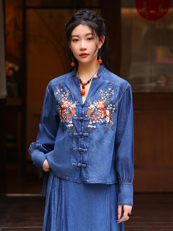 レディース 秋 長袖 デニム シャツ ヴィンテージ 刺繍 折り襟 トップス ブラウス カジュアル 普段使い