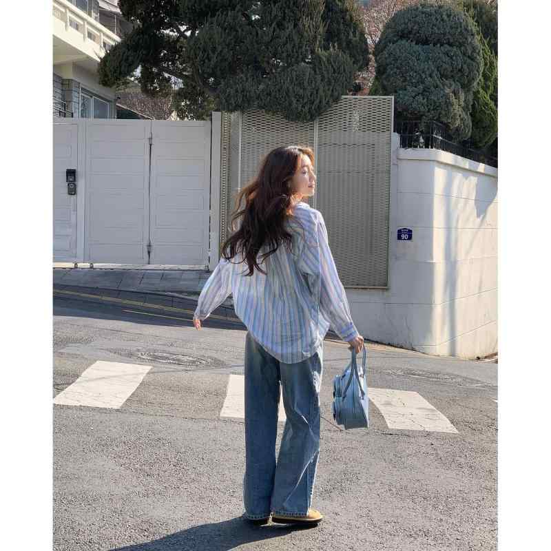 レディース 春 縦縞模様 長袖 プルオーバー  分かりやすい サクラ色系 心地好い トップス ゆったり 影ぼうし