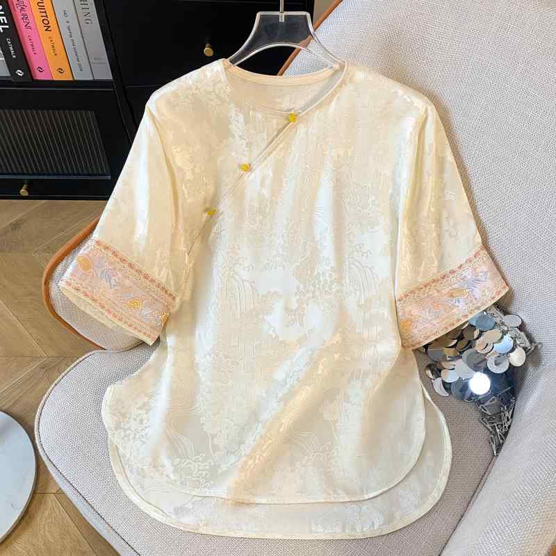 レディース 夏用 瀬戸もの トップス 地絹 原料品 曲がった襟 繻子 光輝 織り込み 柄 古  軽さ 吸湿 速乾 通気性 好いたらしい トップ プルオーバー 亭主もち用 上張り  表現スタイル さくら色系 色つや 選りわける 可 春夏 相応う ビッグ 影ぼうし Vのど首